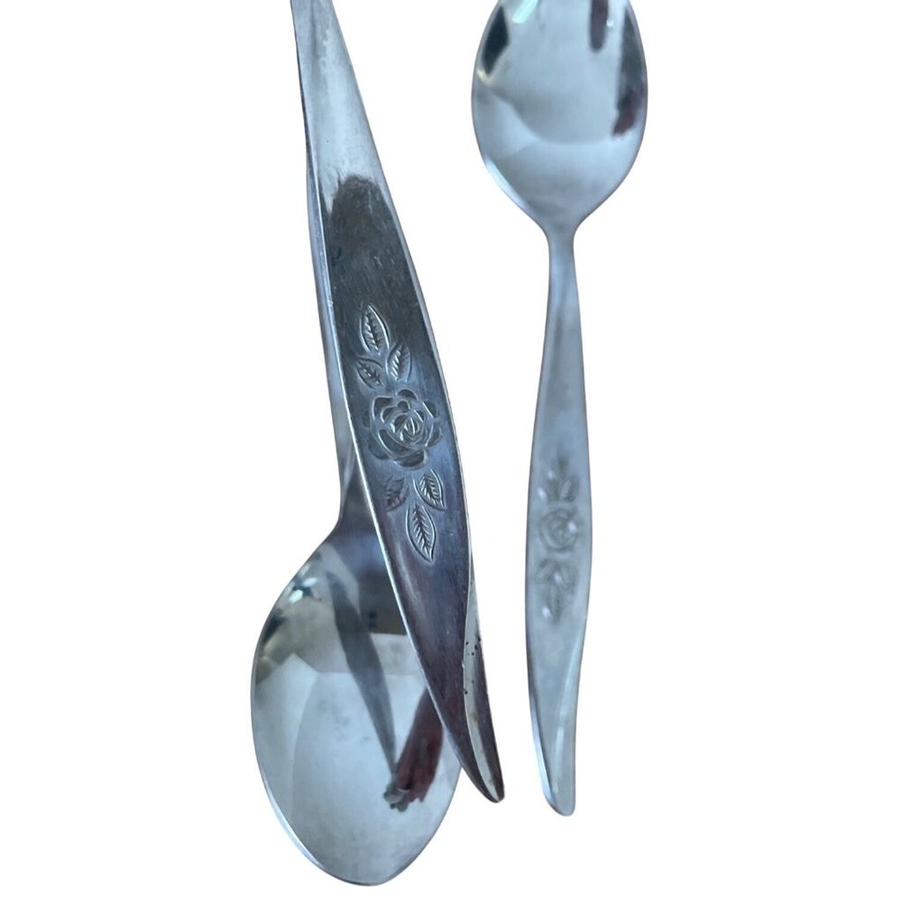 Vtg Hanford Forge Avon Rose Rose Pattern Dinner Teaspoons Set 3 Stainless Korea